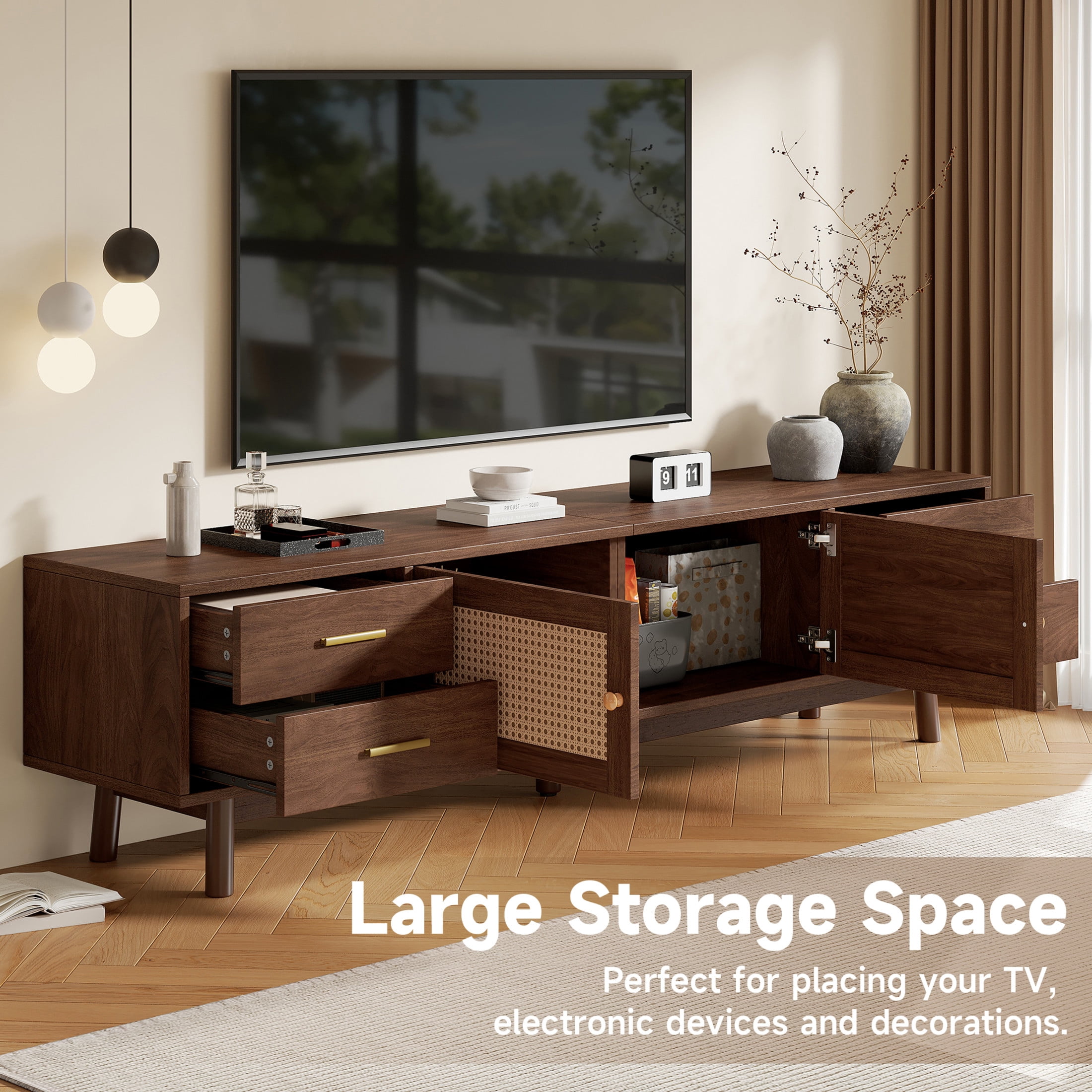 Noble House Modern TV Stand for TVs up to 80" with Rattan Doors, 4 Drawers, Dark Brown