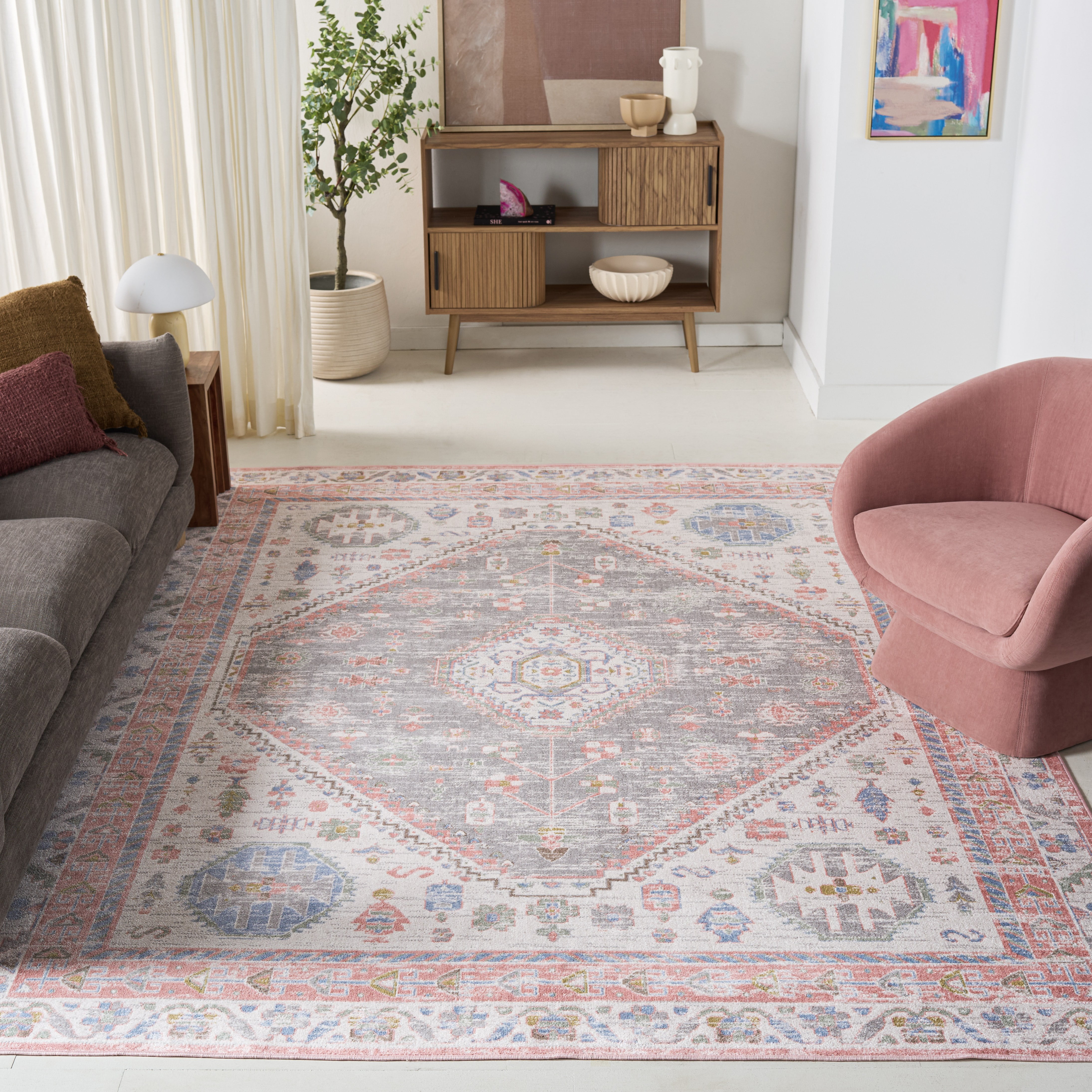 SAFAVIEH Bayside Sherwood Oriental Polyester Machine Washable Area Rug, Ivory/Blue Pink, 8' x 10'