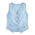 thumbnail image 6 of Women's Solid Denim Vest, V‑Neck Button‑Front Sleeveless Waistcoat with Pockets for Spring Winter Casual Layering Home Travel Light Blue L(L), 6 of 7