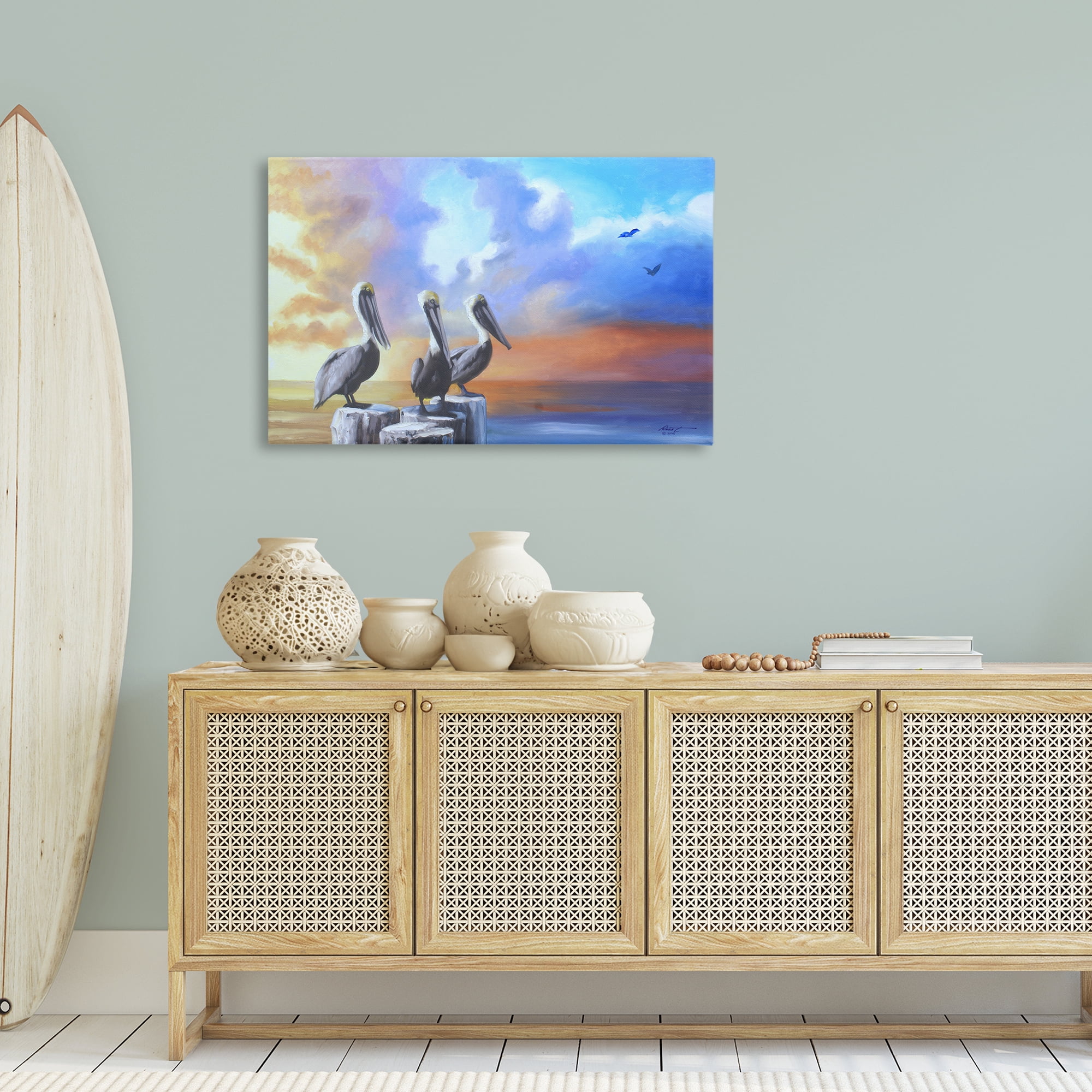 Stupell Industries Vivid Pelican Trio Landscape Painting Gallery Wrapped Canvas Art Print Wall Art, 36 x 24