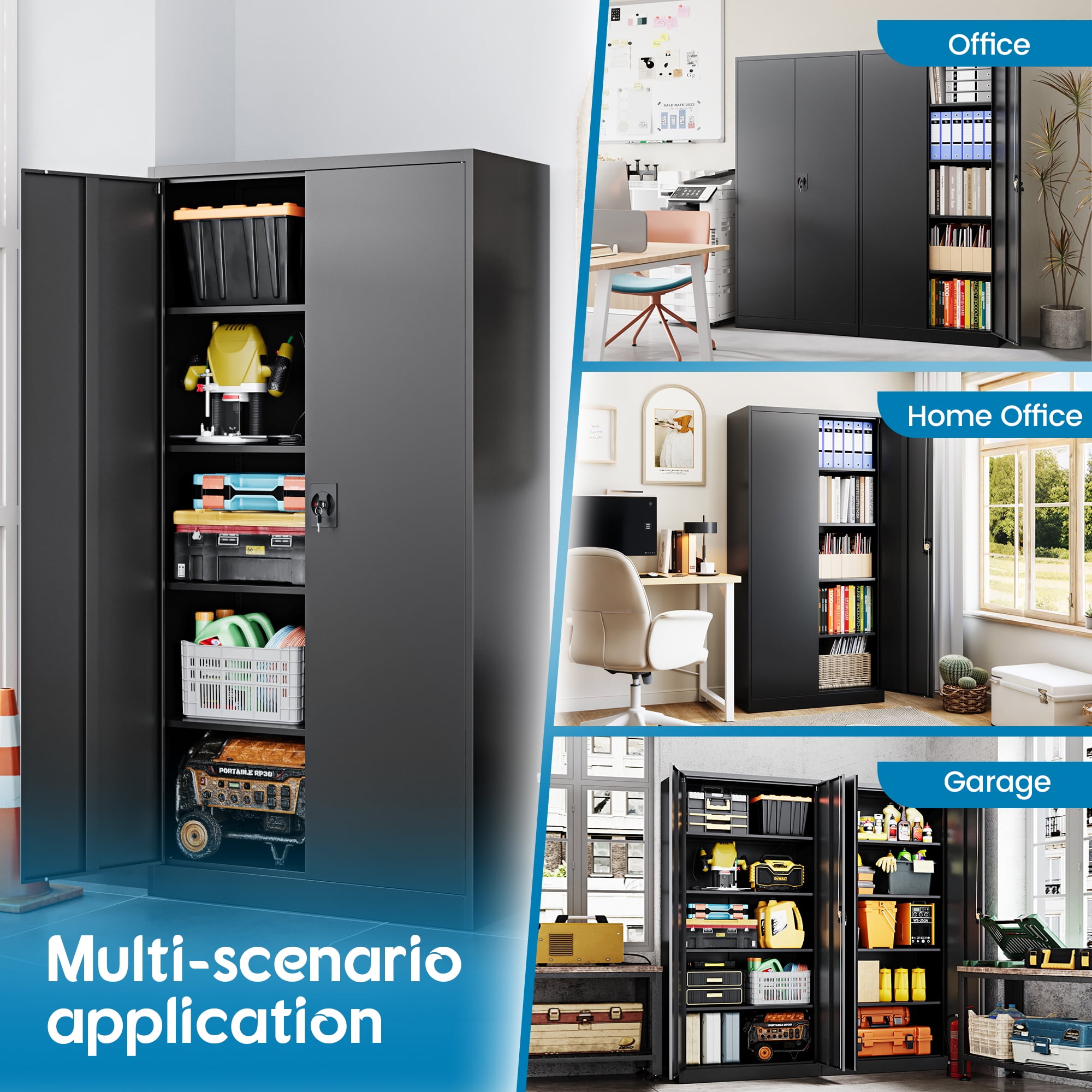 Fesbos Metal Storage Cabinet with Locking Doors, Black Garage Lockable Steel Cabinets with 2 Doors and 4 Shelves for Home, Garage, Pantry Workshop Warehouse