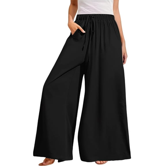 Bovemsi Casual Pants for Women Womens Wide Leg High Waisted Adjustable Tie Knot Flowy Trousers Beach Palazzo Casual Wide Leg Trousers with Pockets
