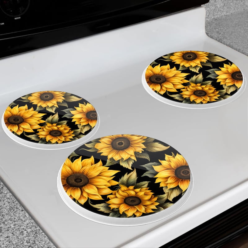 Bahomeck Electric Stove Burner Covers Set Of 4,Seamless Pattern Of Sunflowers On Black Background Metal Gas Stove Burner Covers,Protecting Gas Stoves,8 Inch And 10 Inch