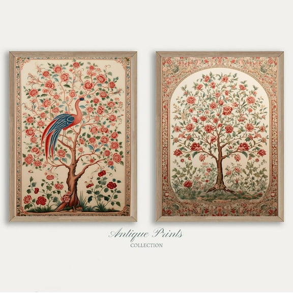 UNFFRAMED Traditional India Tapestry Wall Art, Antique Indian Textile Set Poster, Vintage Palempore Art, Indian Folk Pattern Wall Decor, Set 2 Prints 8x12
