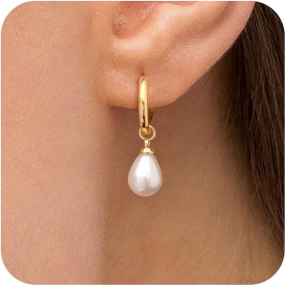 YMCSTONEMA  1 pair Dangle Huggie Hoop 14K Gold-Plated, Pearl Earrings, Gold-Plated women earring