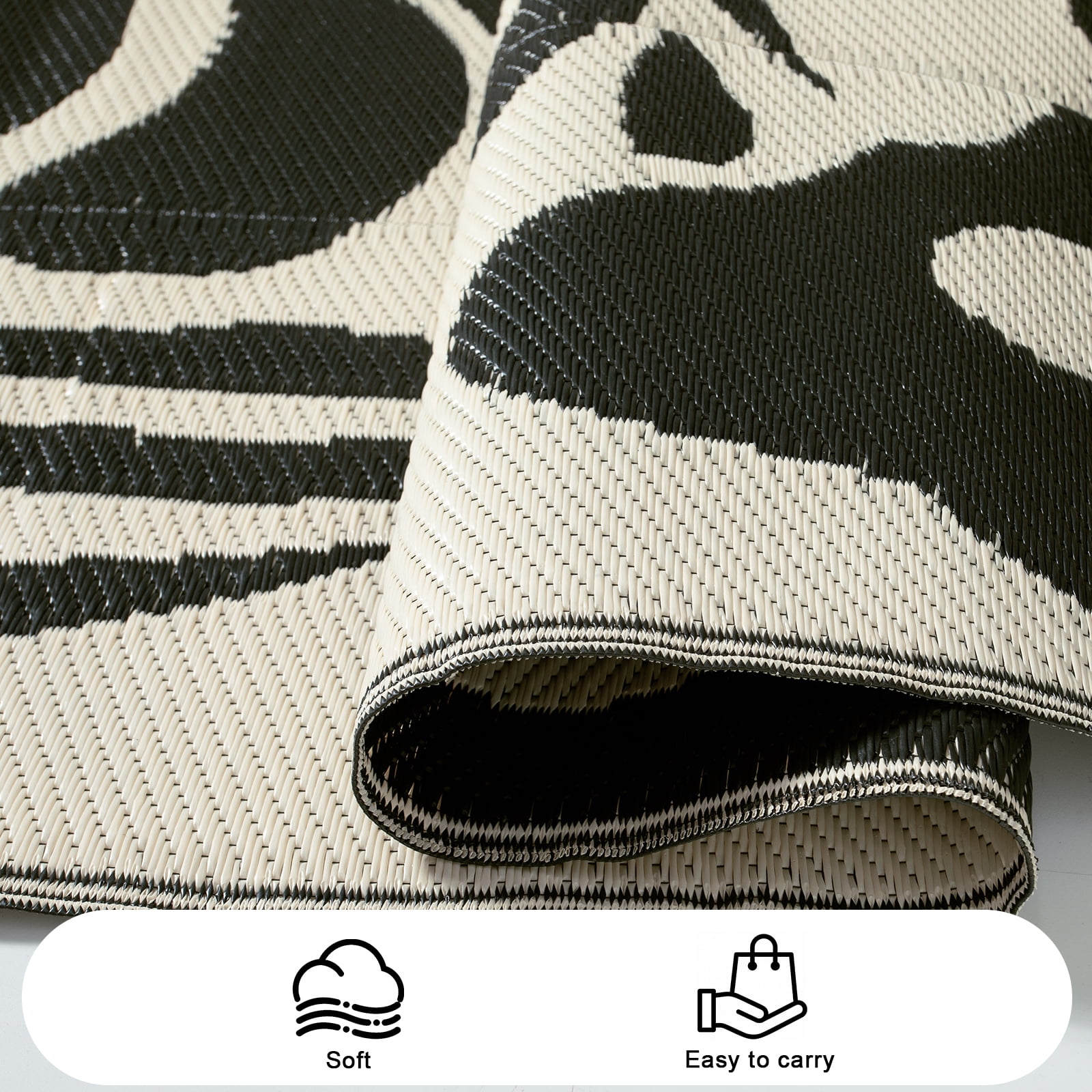 Lahome Waterproof Outdoor Rug 4'x6', Reversible Plastic Straw RV Camping Mat - Portable Abstract Flower Patio Carpet for Deck, Backyard, Balcony, Garden (Black & White)