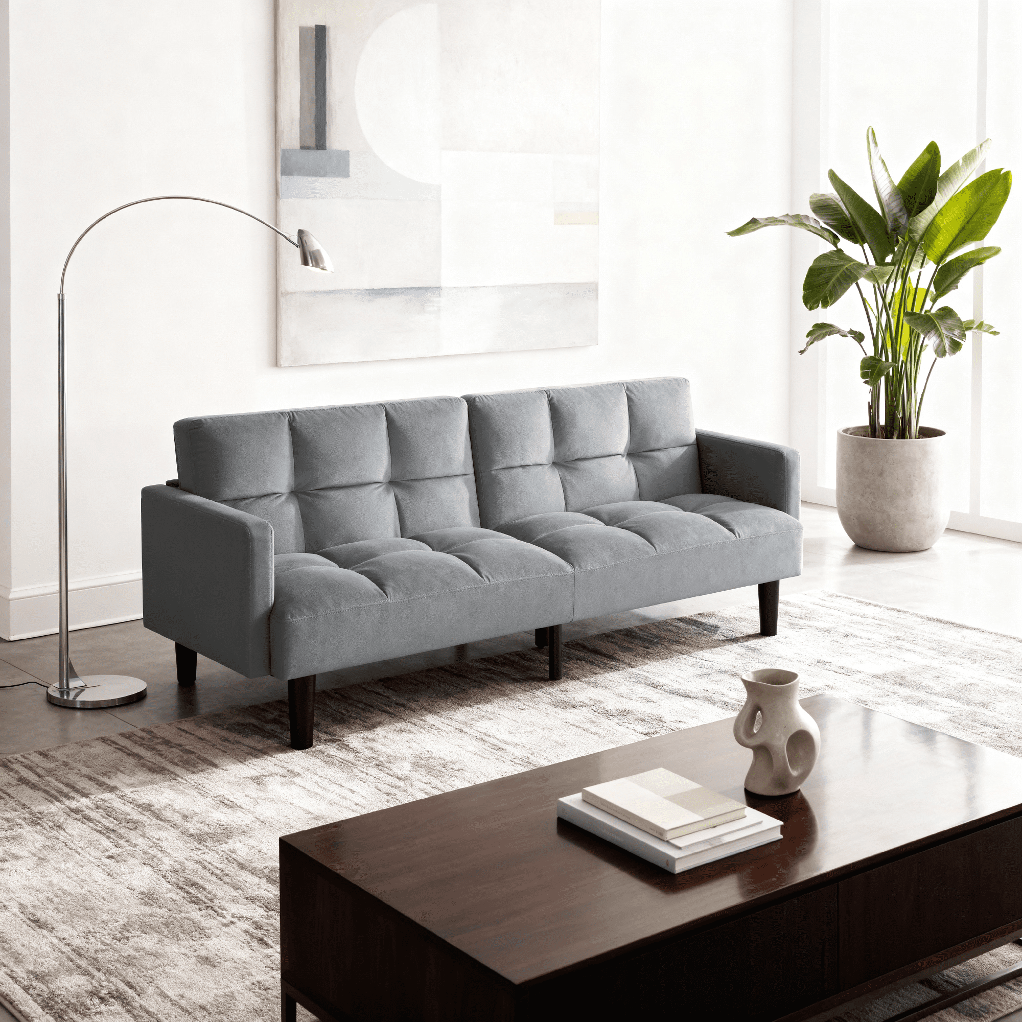 Gewnee Futon Sofa Bed, 2-Seat Velvet Convertible Couch with Position Adjustable Back, Ideal for Small Apartments, Living Rooms, Guest Bedrooms & Dorm Rooms，Gray