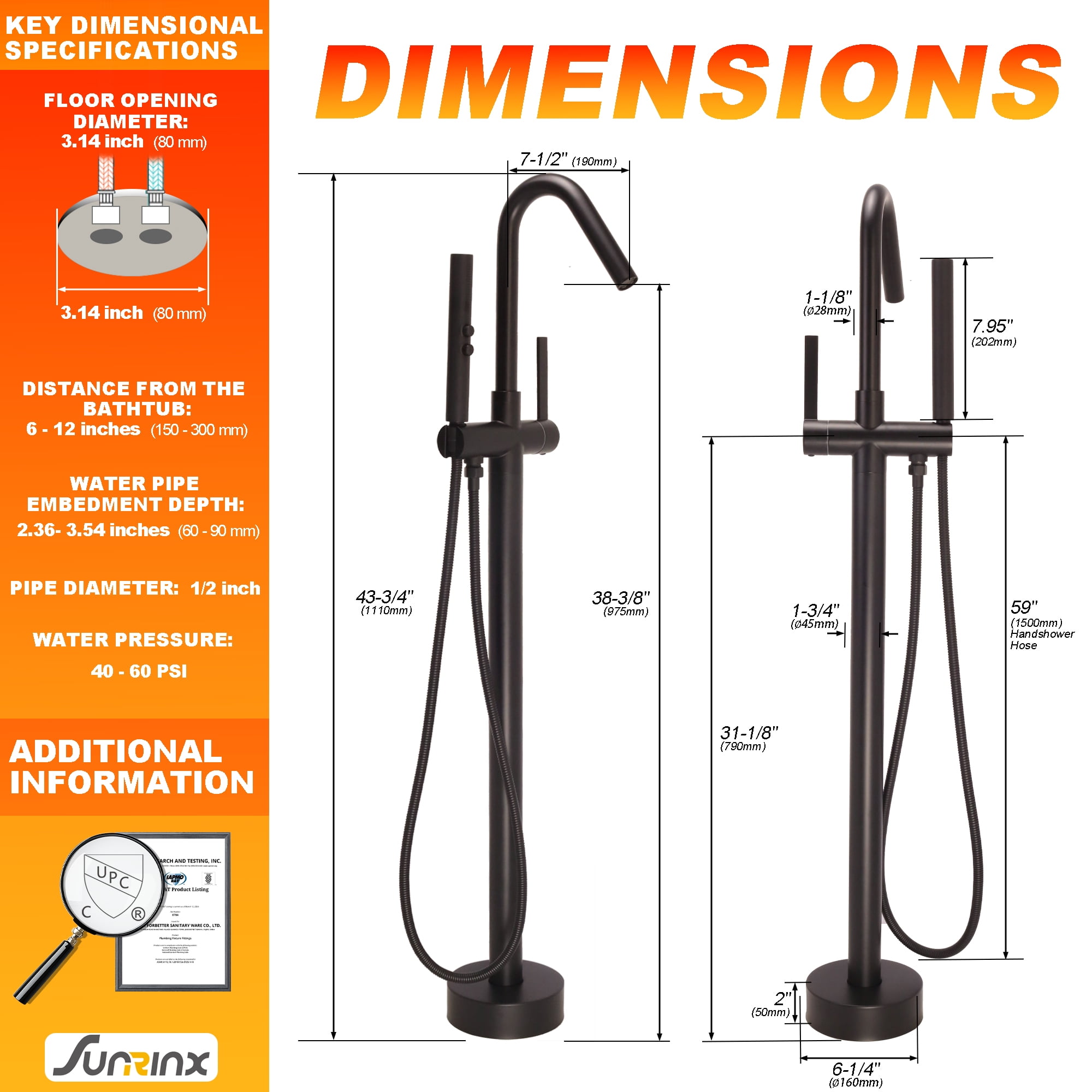 SUNRINX Freestanding Tub Faucet, Single Handle Free Freestanding Tub Faucet with Brass Two-Function Handshower, Max 6 GPM Floor Mount Tub Filler Bathtub Faucet with 360° Rotating Spout, Matte Black
