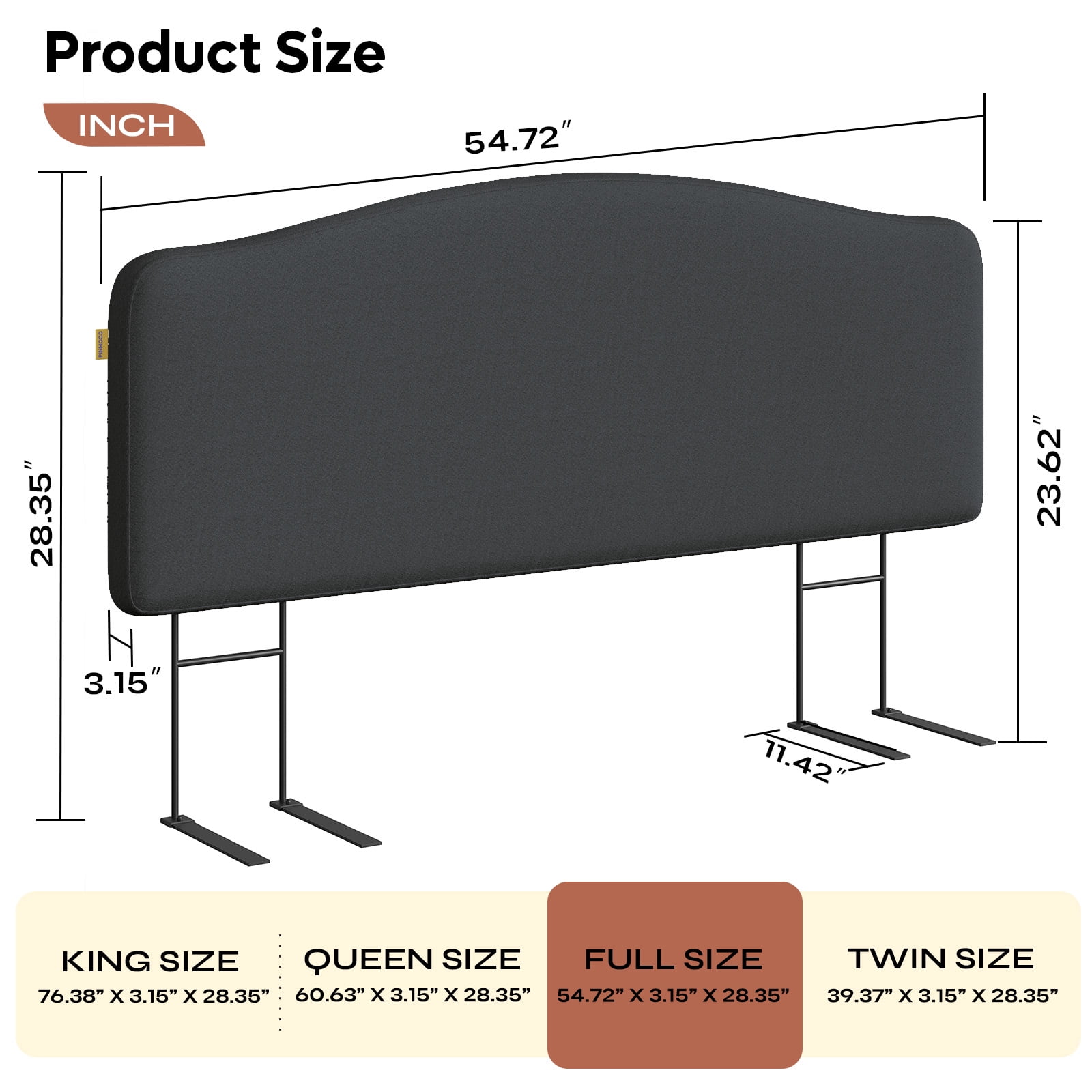 Pinmoco Upholstered Headboard for Full Bed, Height Adjustable and Memory Foam Arc-shaped Head Board, Gray