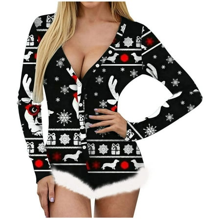 

vbnergoie Women Christmas Print Long Sleeve Nightwear Jumpsuit Bodysuit Playsuit Romper Overall for Woman Vest Jumpsuits for Women