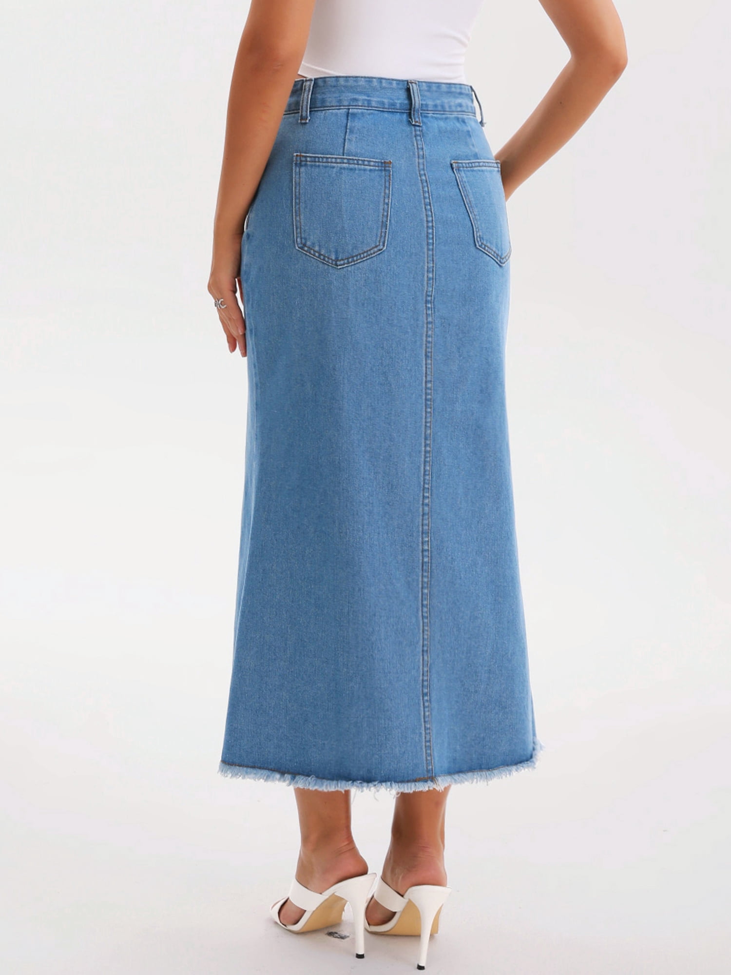 DARING DIVA Women's Denim Maxi A Line Raw Hem Jean Skirt X-Large Sky Blue