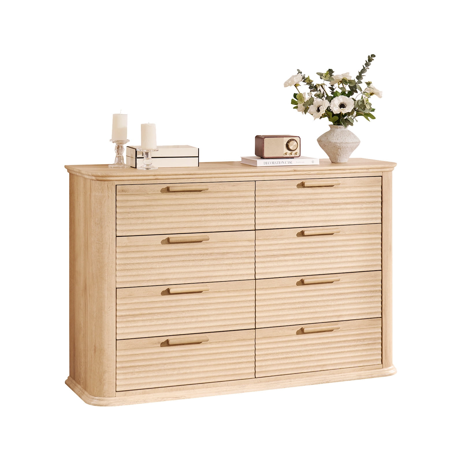 Hommoo Modern Wood Fluted 8 Drawer Dresser, 52" Wide Dresser Chest of Drawers with Curved Profile Design, Multifuctional Storage Organizer for Home, Oak