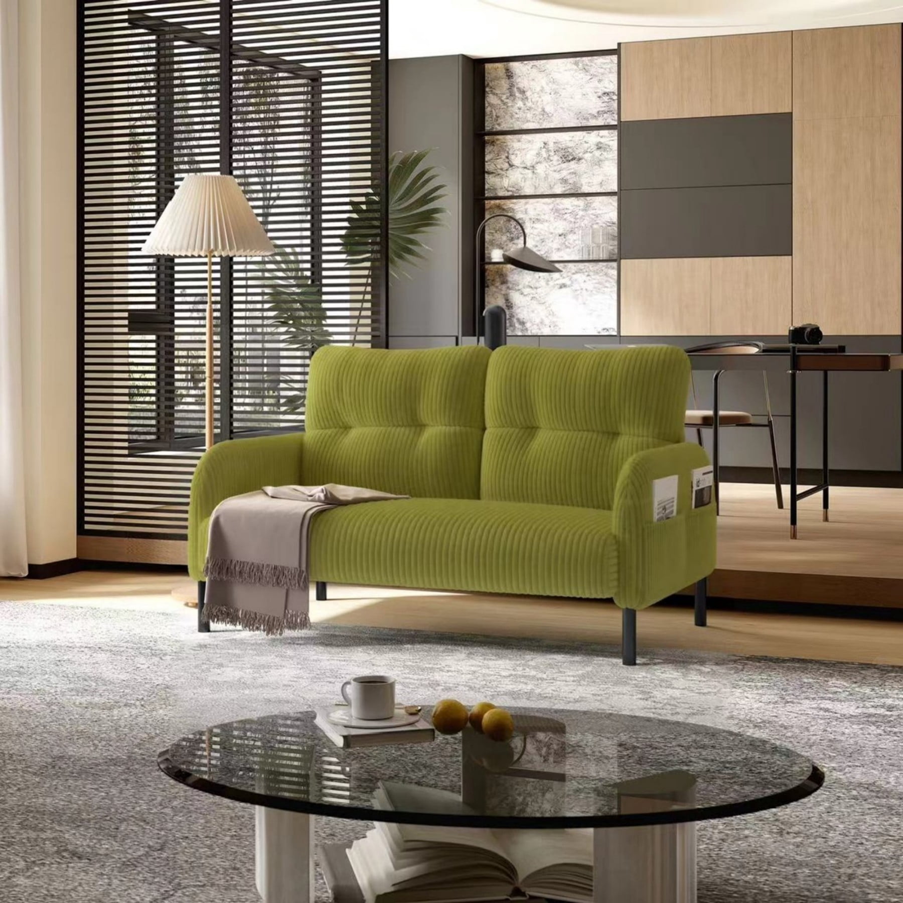 Corduroy Loveseat Sofa, Modern Upholstered Double Sofa Couch with Side Pockets for Living Room Bedroom Apartment, Olive Green