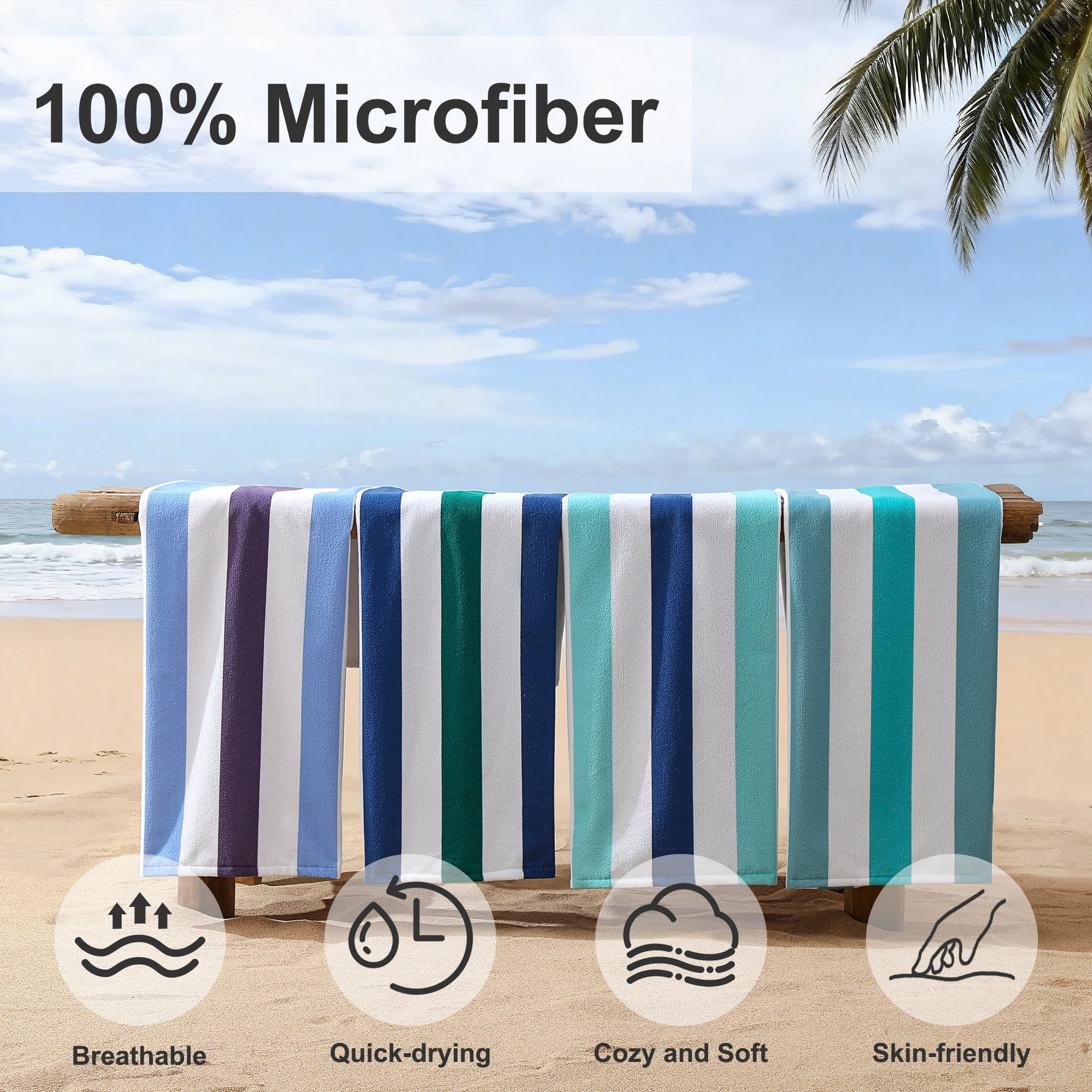 Smuge 4 Pack Cabana Stripe Beach Towels, 60x30 inches Microfiber Lightweight Outdoor Large Swim Towel for Adults (Dark Green Blue)