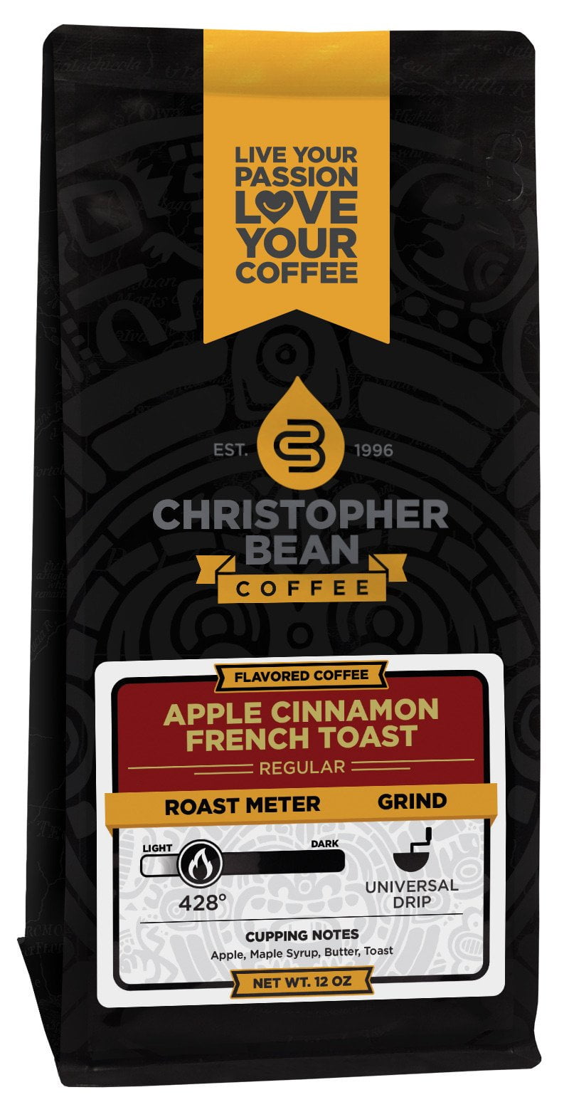 Apple Cinnamon French Toast Flavored Regular Ground Christopher Bean Coffee, 100% Arabica, No Sugar, No Fats, Made with Non-GMO Flavorings, 12 Oz Bag
