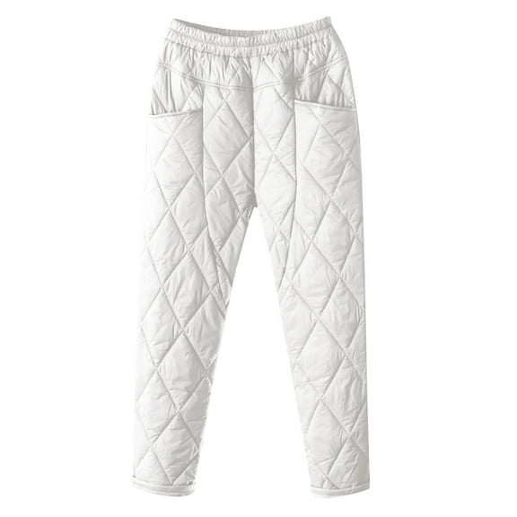 FRSASU Women Padded Quilted Pants Fall Winter Cotton Warm Casual Wide Leg Pants Elastic Waist Trousers with Pockets White