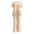 thumbnail image 6 of MLCDZ Plus Size Mother of Bride Pant Suits 2 Piece Chiffon Sets Round Neck Short Sleeves Top and Flowy Baggy Pants Ruffle Layers Wedding Guest Outfit, 6 of 7