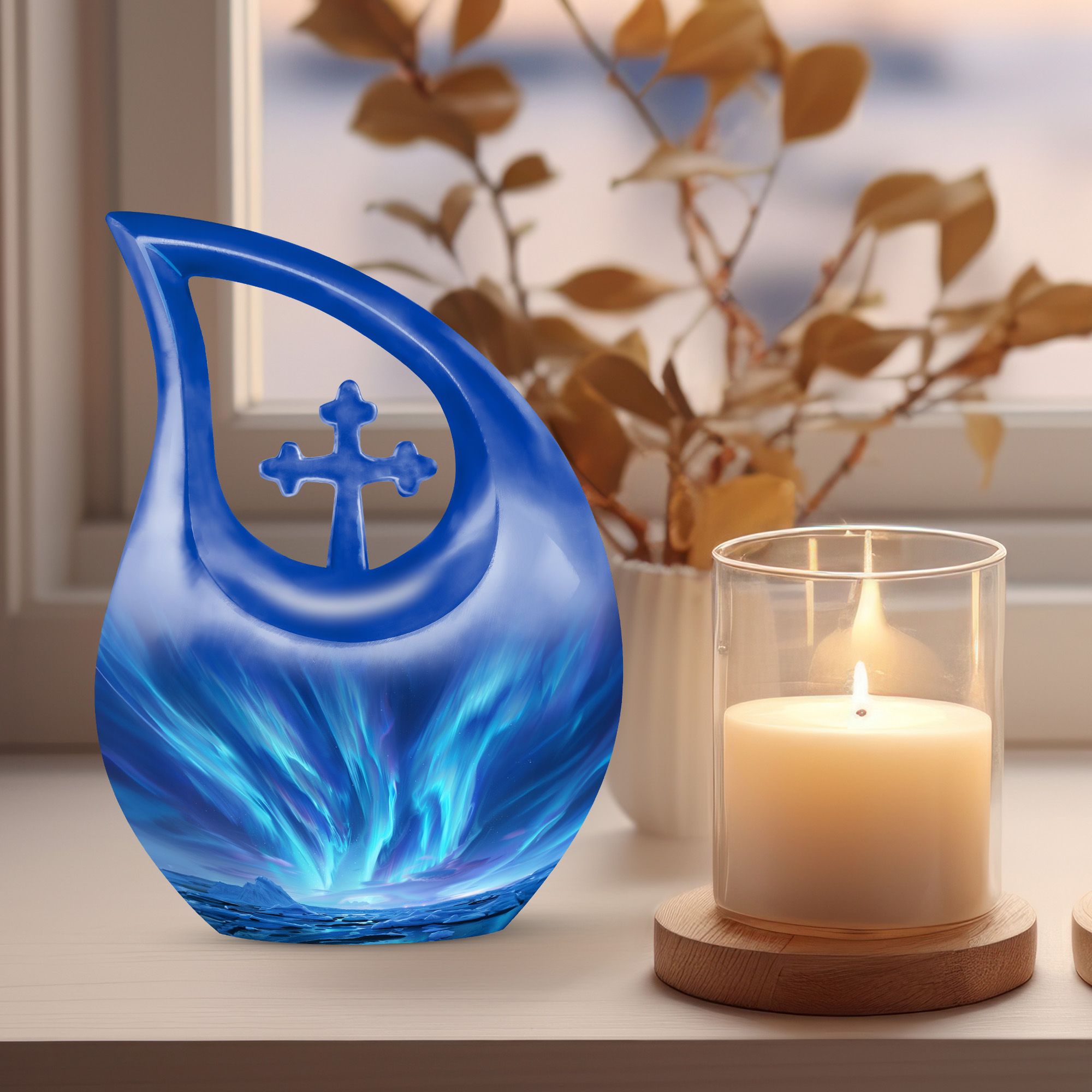 MUKTIVE Aurora Cremation Funeral Urns for Ashes Adult Men & Women - Blue Memorial Burial Urns for Human Ashes Adult Father - Decorative 10 Inch Large Urn for Human
