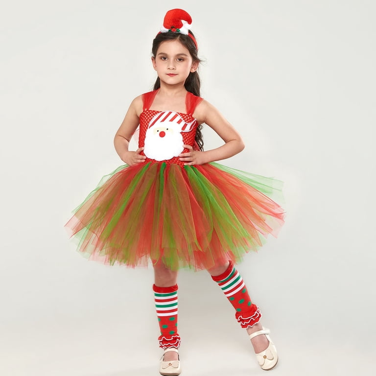Mercatoo Kids Girls 𝐂hristmas 𝐂ostumes Red Green Tulle Tutu Dress Headband Stockings Set P𝐚rty 𝐂osplay Dress Up Clothes Girls Chambray And Tulle Dress