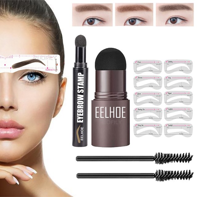 2023 One Step Eyebrow Stamp Shaping Kit Set Makeup Brow Waterproof Contour Stencil Tint Natural Stick Hairline Cosmetics EnhanceLight Brown D Set He Qiyong unisex