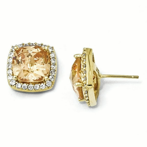 Sterling Silver Gold-plated Rose-cut Champ CZ Square Post Earrings
