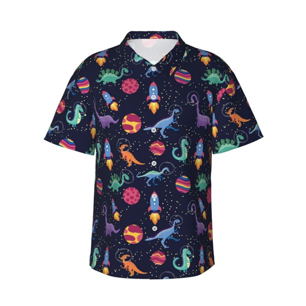 Balery Space Dinosaur Camisas hawaianas de manga corta para hombre, camisas playeras de corte holgado, camisas de vacaciones con botones,Small