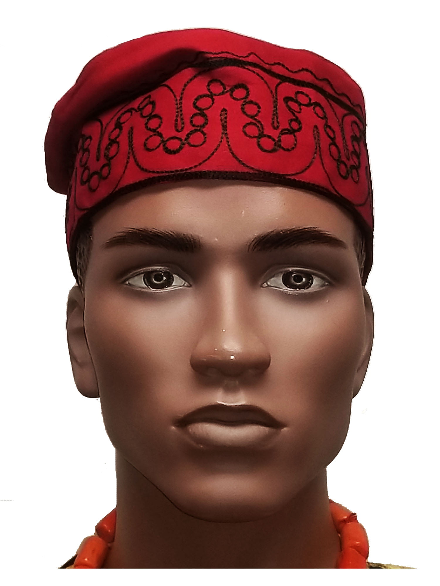 African Red Kufi Hat With Black Embroidery 