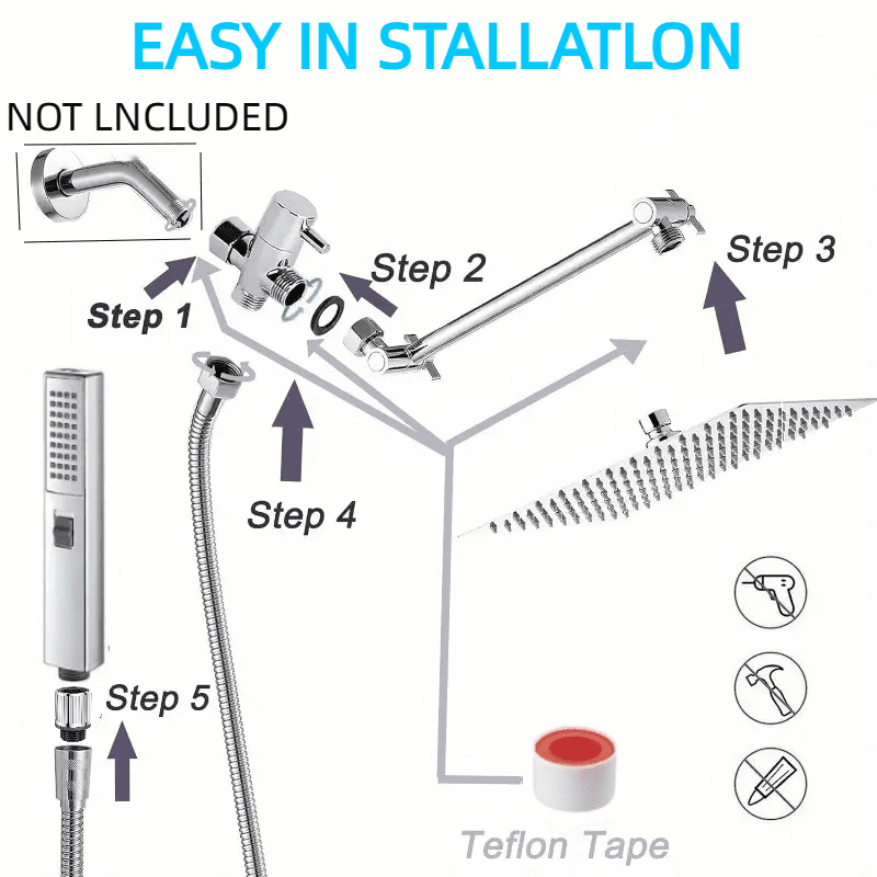 Shower Head with Hose, 8'' High Pressure Rain Shower Head, Handheld Shower Head Combo with 11'' Extension Arm, 2+1 Spray Settings Adjustable Shower Head with Holder, Height/Angle Adjustable