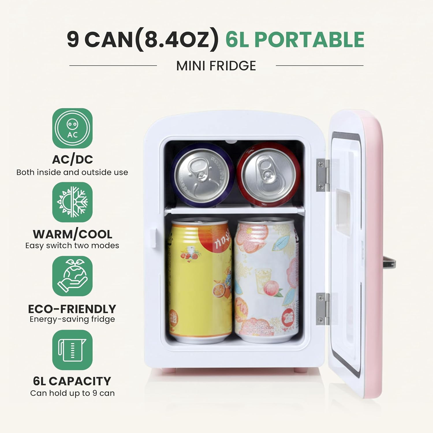 Simple Deluxe Mini Fridge with Observation Window, 6L/9 Can, Portable Warmer & Cooler, Personal Refrigerator, AC/DC, Pink New