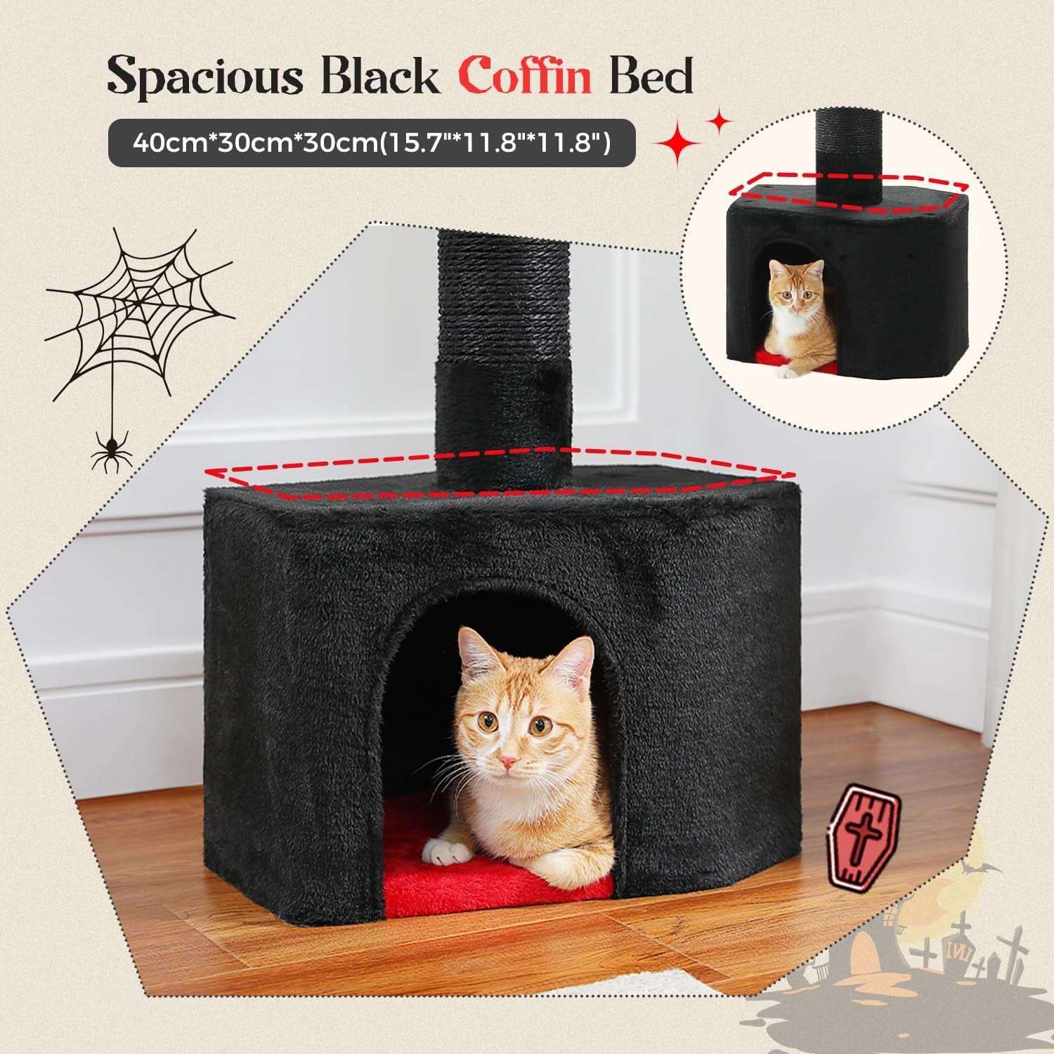 Gothic Cat Tree, Floor to Ceiling Cat Tower with Adjustable Height (86.8-120 Inches), 5 Tiers Black Cat Condo with Cozy Hammock, Fully Scratching Posts and Dangling Balls for Indoor Cats
