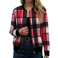 thumbnail image 2 of GEWSEY Flannel Jacket Women Stand Collar Long Sleeve Zip up Plaid Shackets Casual Warm Bomber Jackets Coats Fall Outfits (Red, M), 2 of 6
