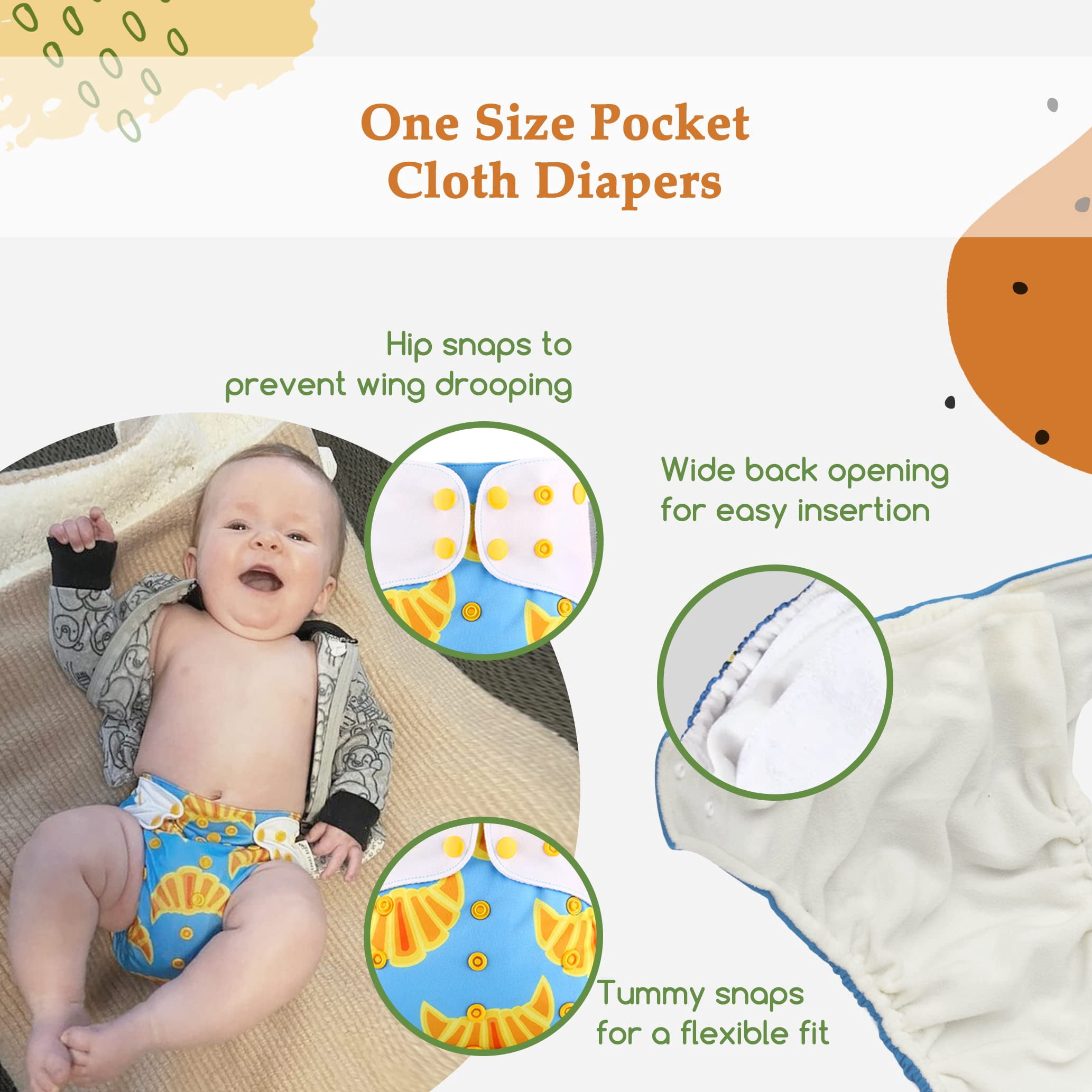 Kawaii Baby Cloth Diaper Bundle  6 Pocket Style with 6  Bamboo Inserts 8-36 lbs | Plus 2 Bibs | Daily & Feeding Use