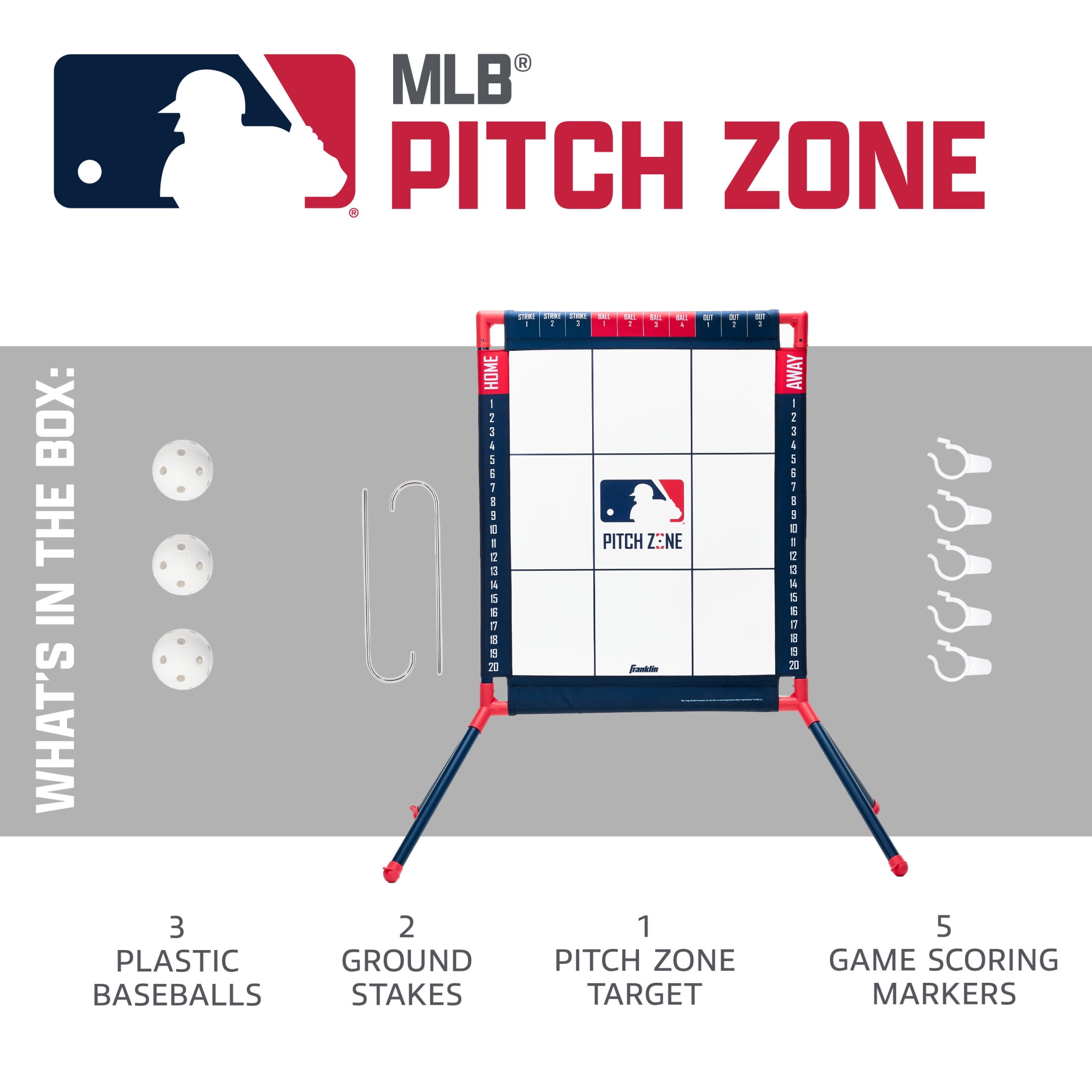 Franklin Sports MLB Pitch Zone Target – Backyard Baseball Strike Zone Trainer with Audible Feedback, Scoring Markers & 3 Plastic Balls – Practice Pitching Accuracy, Strikes, and Outs for Kids & Youth