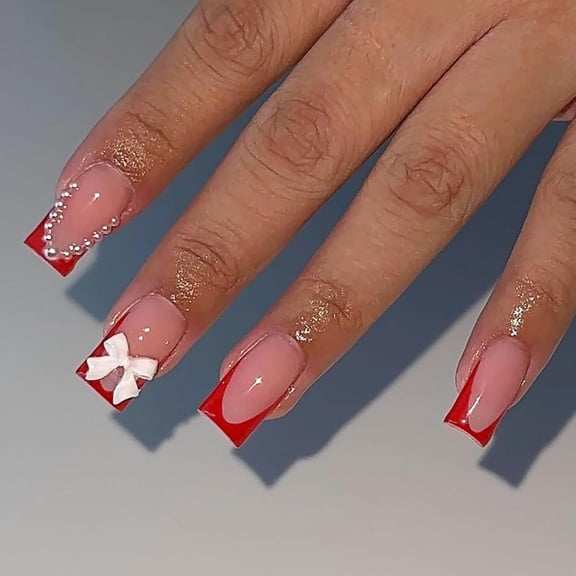 Cute Medium Press on Nails Square French Tip Fake Nails Red Full Cover False Nails with Bow Pearls Designs Glossy Glue on Nails Stick on Nails Handmade Acrylic Nails for Women Girls 24Pcs s25 24