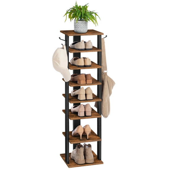 HOOBRO Narrow Shoe Rack 8 Tier Storage Organizer with Hooks for 8 Pairs Entryway Brown BF07XJ01G1
