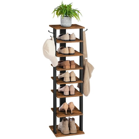 HOOBRO Narrow Shoe Rack 8 Tier Storage Organizer with Hooks for 8 Pairs Entryway Brown BF07XJ01G1