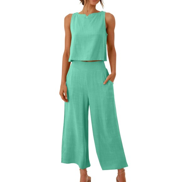 Wide-Leg Linen Capris Set, Womens Sleeveless Tank Tops and High Waisted Capris Suit, Summer Vacation Casual Outfits with Pockets Travel Outfits for Women Mint Green M