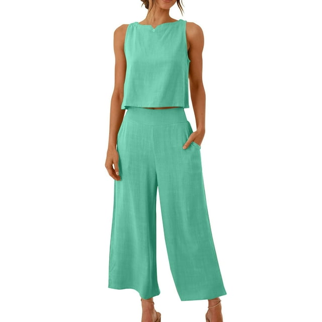 Mgmyaa Womens Summer 2 Piece Outfits Linen Crop Tank Tops Lounge Matching Sets & Long Track Pants Tracksuits