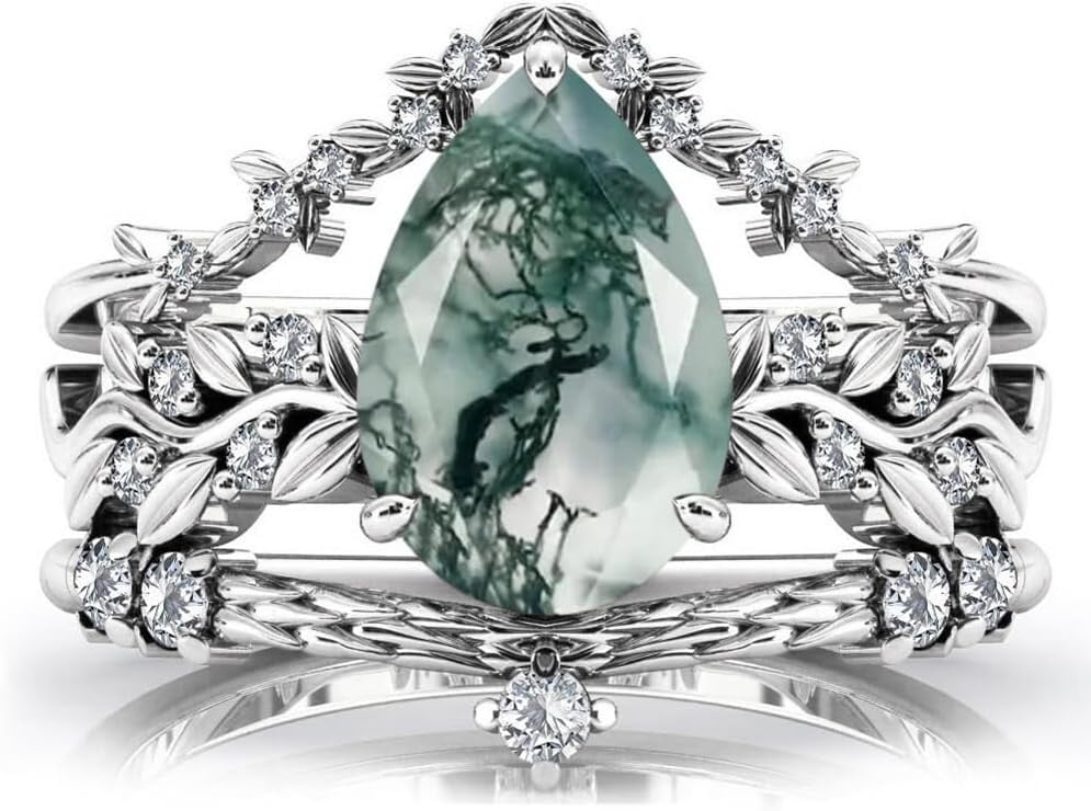 Natural Moss Agate Sterling Silver Rings Set - Leaf Art Deco Hexagon/Pear Moss Agate Engagement Wedding Promise Rings Set - Vintage Unique Bridal Ring Set for Women