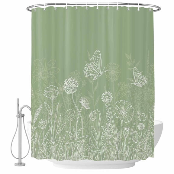 Sage Green Wildflowers Shower Curtain Set - Small 36" x 72" Washable Bathtub Curtain with 12 Hooks, Modern Floral Butterfly Plant Waterproof Fabric Stall Shower Curtains for Bathroom/Bathtub Décor