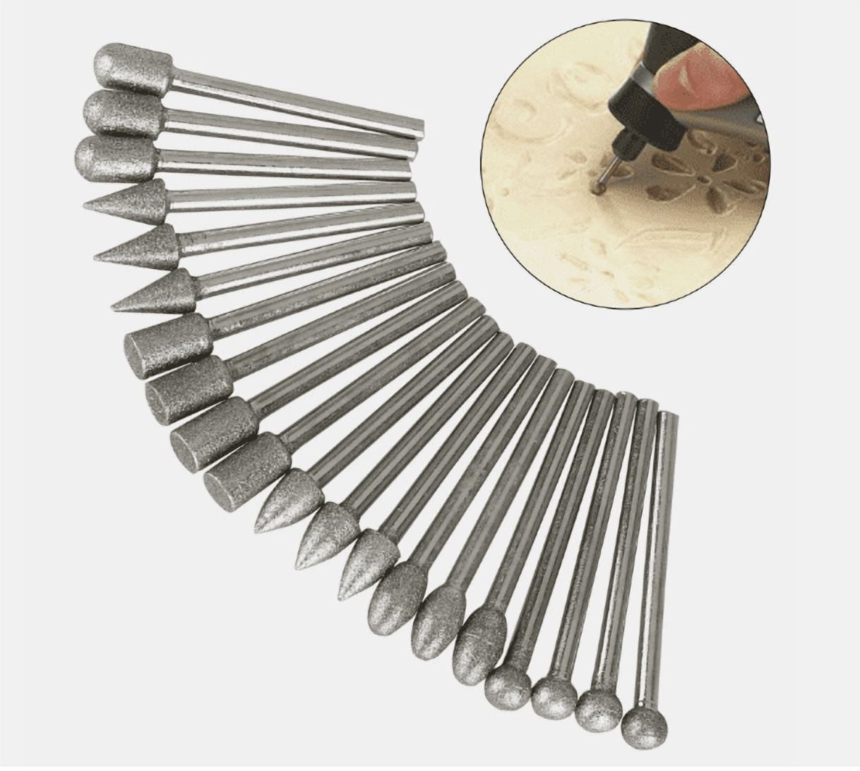 20Pcs Diamond Burr Bit Set 1/8" Shank – Cutting Carving Grinding Bits for Dremel & Rotary Tools
