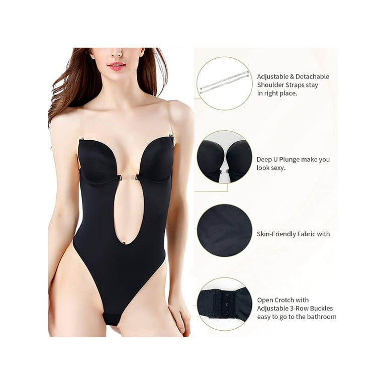 Spencer Women's Backless Shapewear Deep V Bodysuit U Plunge Seamless Thong  Low Back Body Shaper Bra (XL, Black)