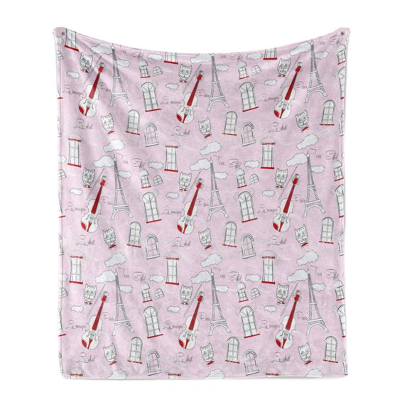 Paris Soft Flannel Fleece Throw Blanket, Abstract City Image Violin Cat with Bow Tie Eiffel Tower Illustration, Cozy Plush for Indoor and Outdoor Use, 60" x 80", Pale Pink Scarlet White, by Ambesonne