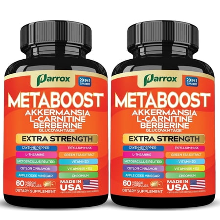 Parrox Metaboost GLP-1 Booster Supplement with Akkermansia, L-Carnitine,Berberine (GlucoVantage),Chromium,Capsimax,Psyllium Husk,Probiotics & Vitamins D3,B6,B12, 20-in-1 Plant-Based Formula (2 Pack)