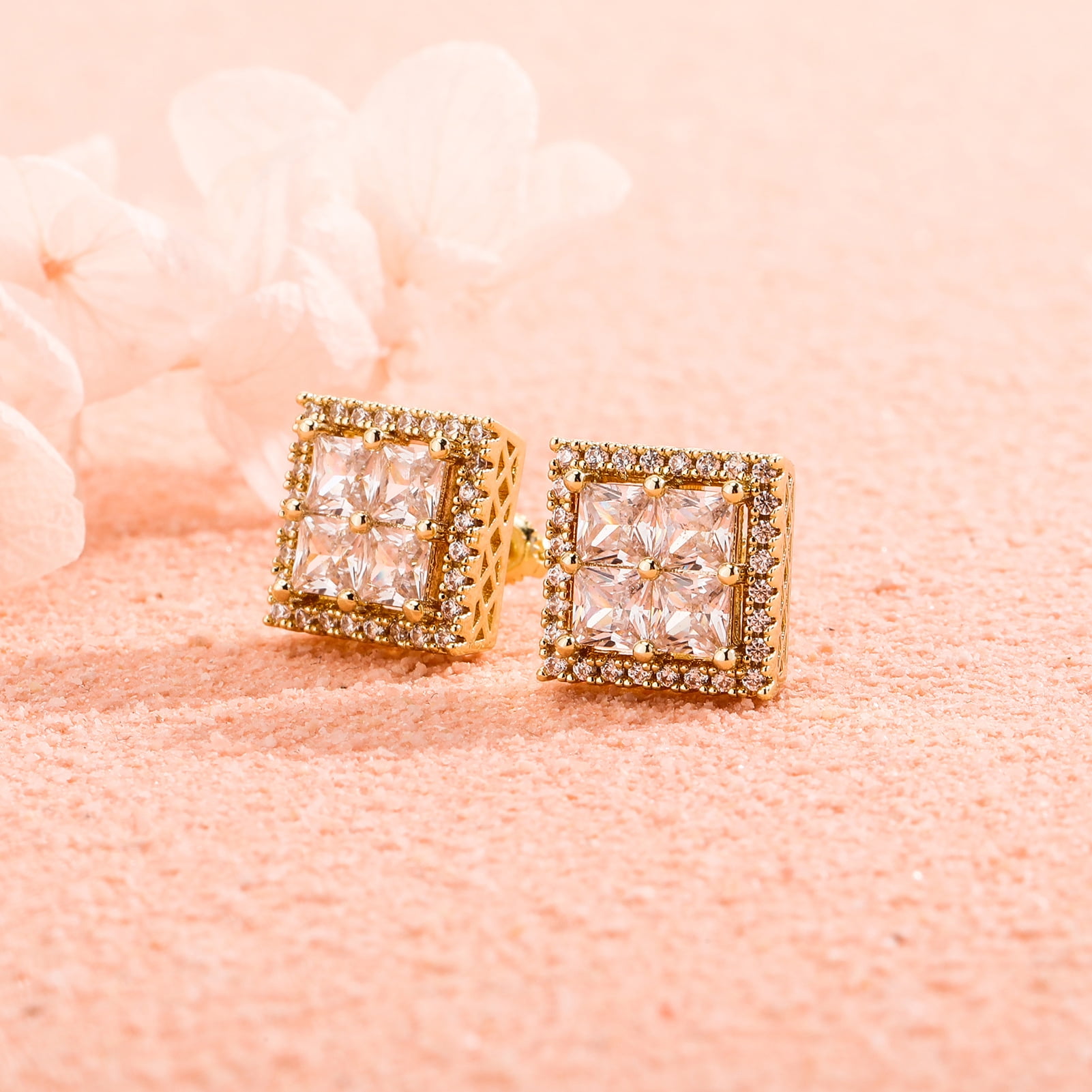Unisex square stud earrings, hypoallergenic, 18K white gold/yellow gold plated, princess-cut clear cubic zirconia, 13mm.