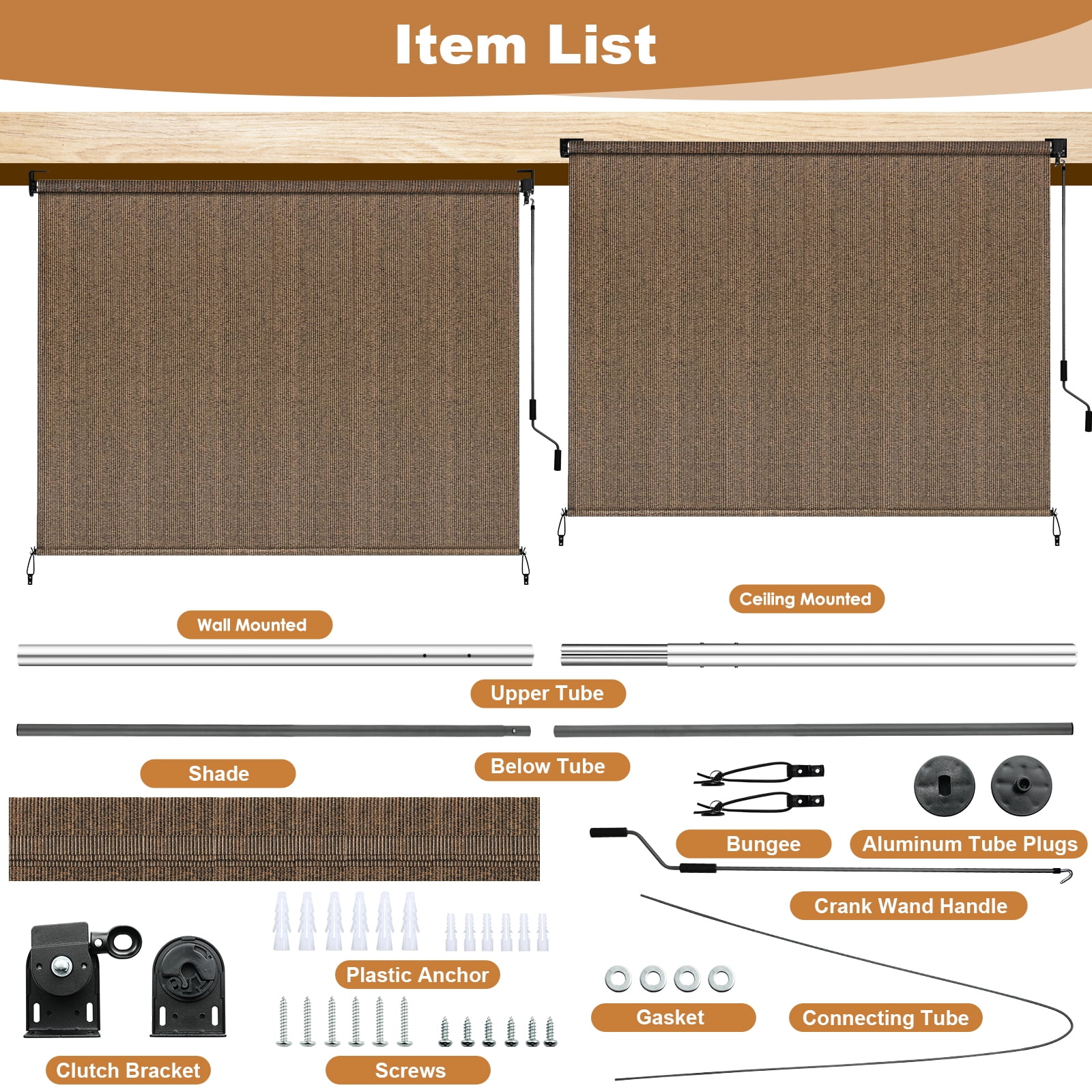 LIFERUN Outdoor Roller Sun Shade 8'W x 6'H, HDPE shade cloth, aluminum tube, cordless wand crank,for pergola/patio/porch/garden (Coffee)