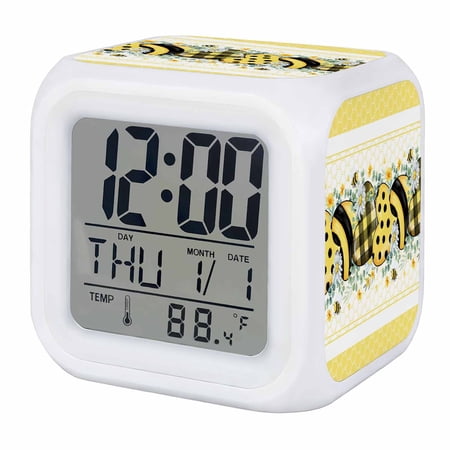 Alarm Clocks Bee Daisy Love Heart Digital Clock 7 Color LED Night Light Silent Non-Ticking Battery Operated Honeycomb Eucalyptus Leaves Yellow Cube Clocks for Bedroom Bedside Living Room Office