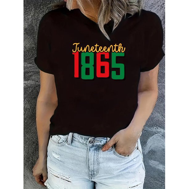 1pc Juneteenth 1865 Graphic Print T-Shirt, Women'S Casual Crew Neck Short Sleeve Tee, Cotton Knit Fabric, Medium Stretch, all-Season Fashion Top