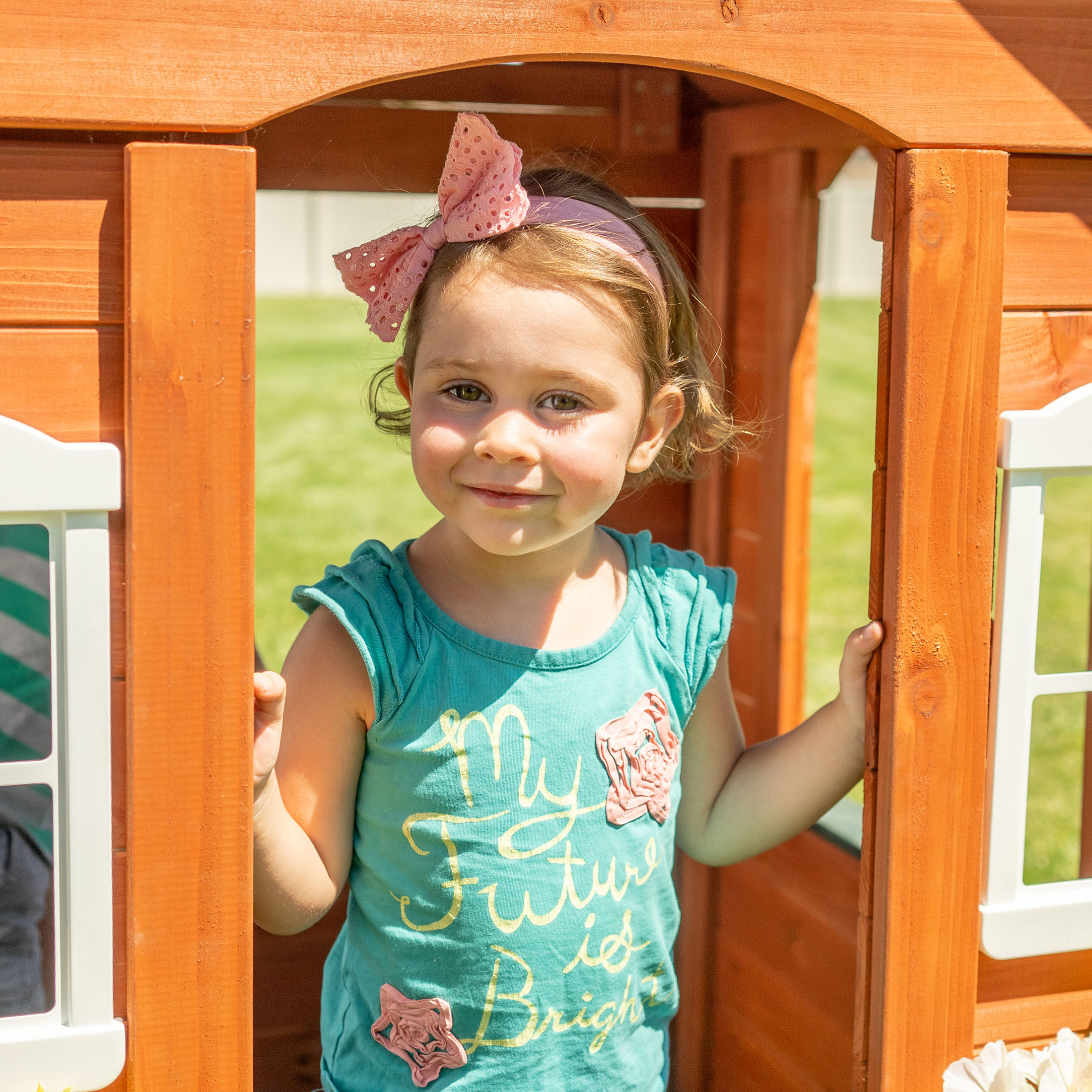 Sportspower Bellevue Kids Wooden Playhouse with Fun Colored Working Front Door, White Trim Windows, and Flower Pot Holders - image 10 of 13