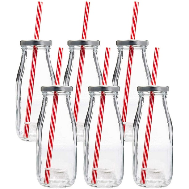 Dairy Reusable Glass Milk Bottles with Straws and Metal Screw on Lids